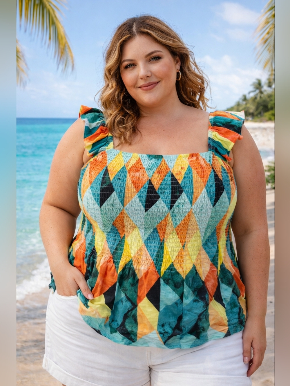 -Peplum Washable Crinkle Gauze Colorful Geo Torrid Women's Top. NWT size 3X